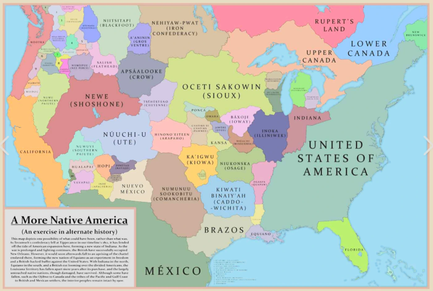 A More Native America — alternate history map imagining surviving Native nations' borders
