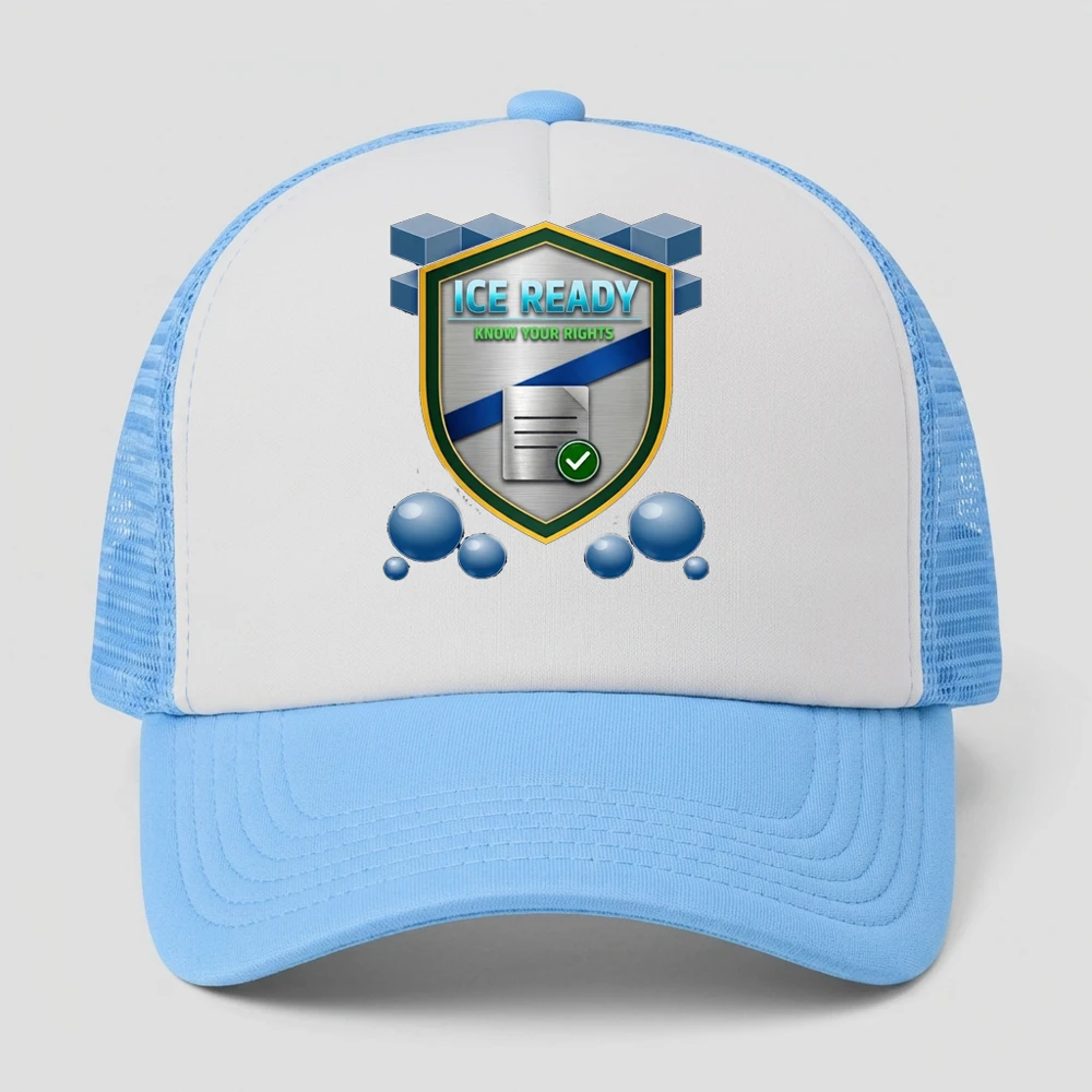 ICE Ready cap — front-facing trucker cap with shield logo on the front panel