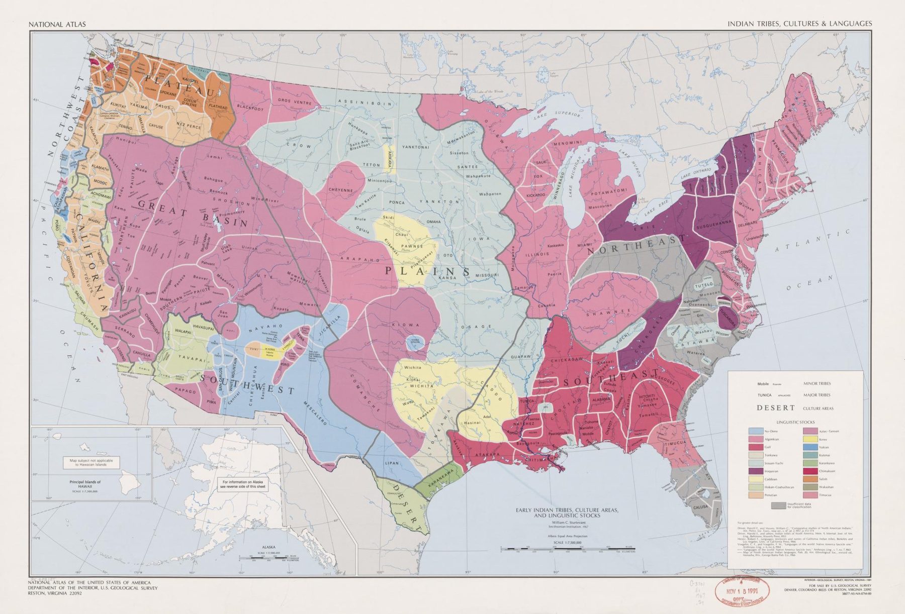 USGS National Atlas map: Early Indian Tribes, Culture Areas, and Linguistic Stocks